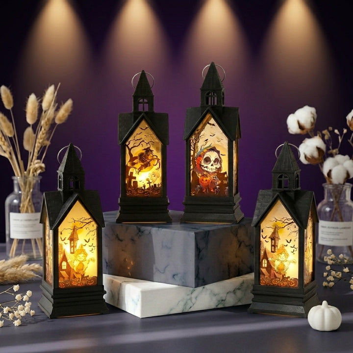 Halloween-themed LED Decorative Lantern with Silhouette Witch Pumpkin Ghost Scene