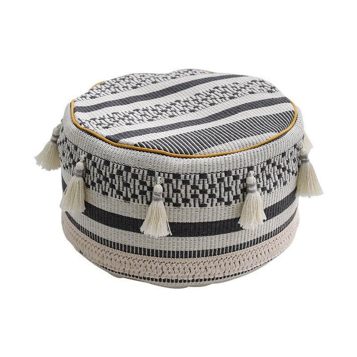 Padded pouf seat ottoman with woven structure and carrying handle