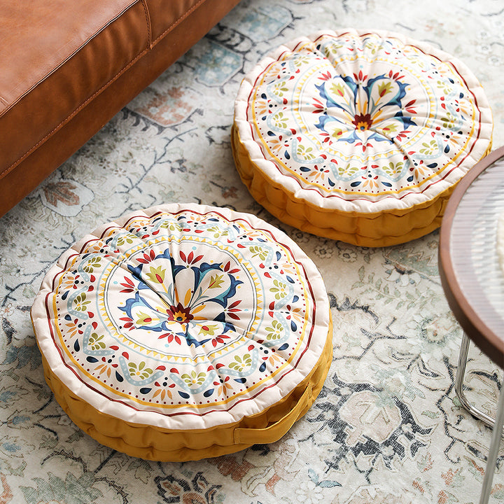 Round seat cushion with mandala print, thickly padded floor seating mat and carrying handle