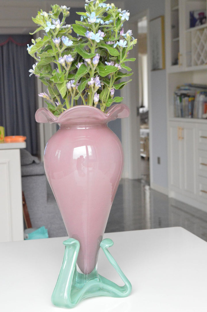Tall Hand-Blown Fluted Glass Vase with Ruffled Rim & Rounded Pedestal Base