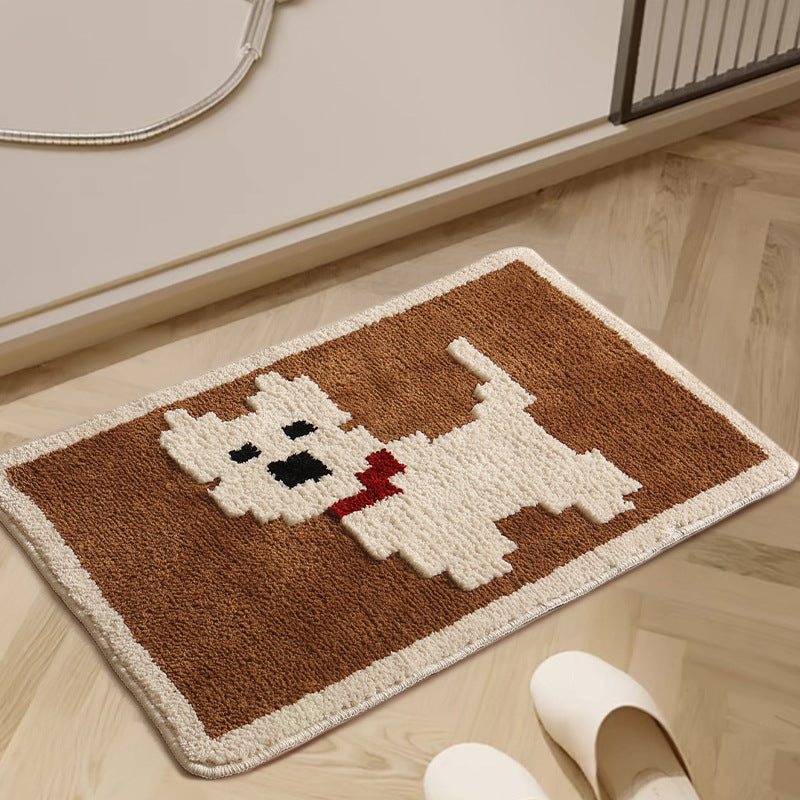 Bath mat with hand-tufted dog motif and slip-resistant latex backing