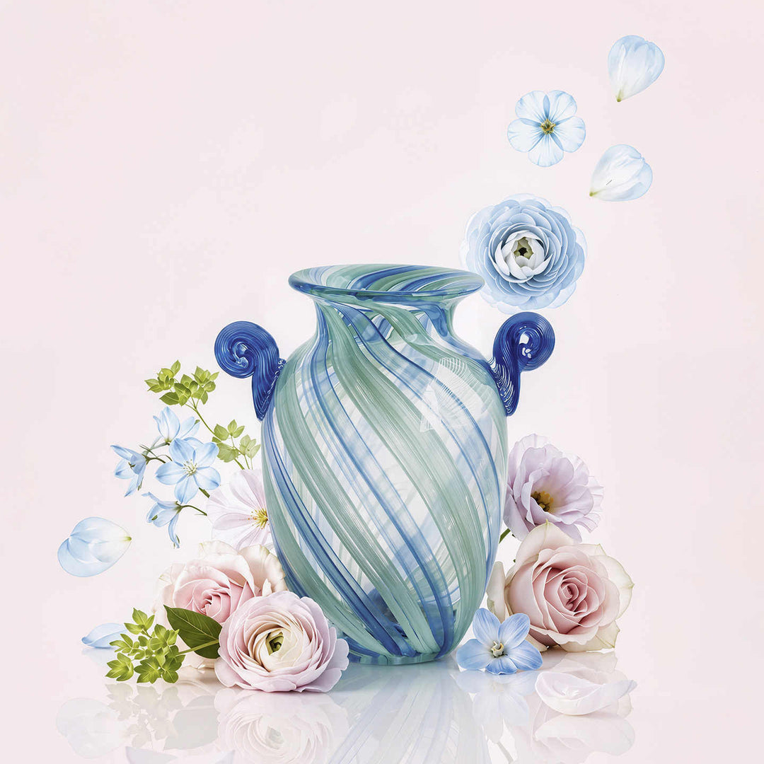 Swirled Hand-Blown Glass Amphora Vase with Spiral Scroll Handles