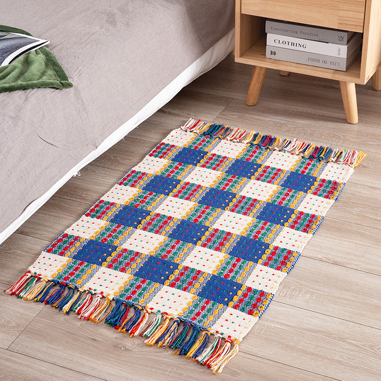Striped cotton doormat with non-slip bottom and decorative woven edge