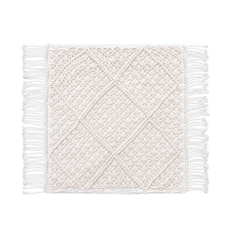 Round Macrame Decorative Pillow with Hand-Knotted Cotton Cover and Fringes