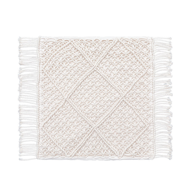 Round Macrame Decorative Pillow with Hand-Knotted Cotton Cover and Fringes