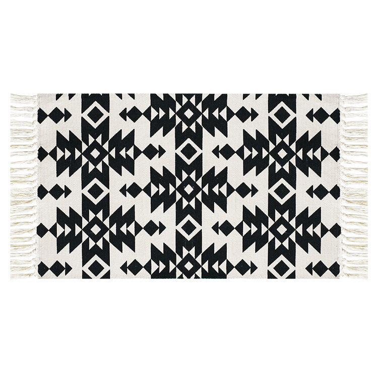 Flat-woven cotton runner with Mediterranean tile jacquard and decorative fringes