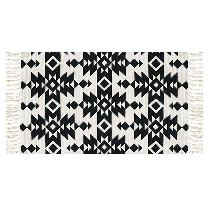 Flat-woven cotton runner with Mediterranean tile jacquard and decorative fringes