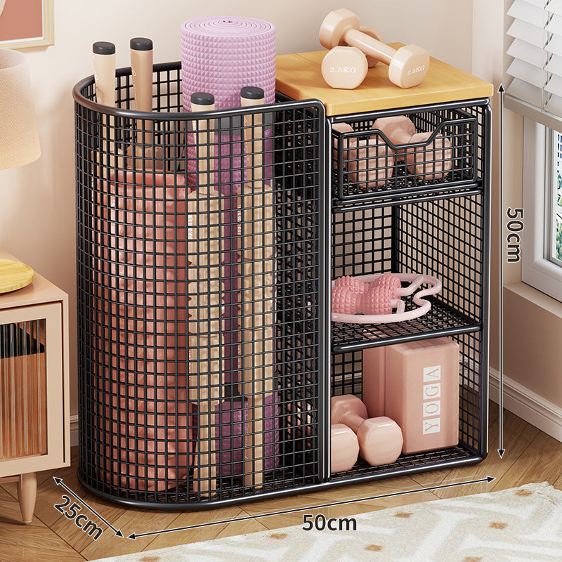Mesh Rolling Fitness and Yoga Equipment Organizer Cart with Tall Curved Mat Compartment and Slide Drawer