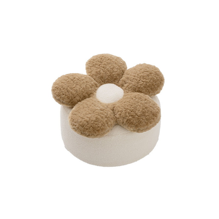 Beef seat pouf with flower seat cushion, bouclé cover and soft faux fur top