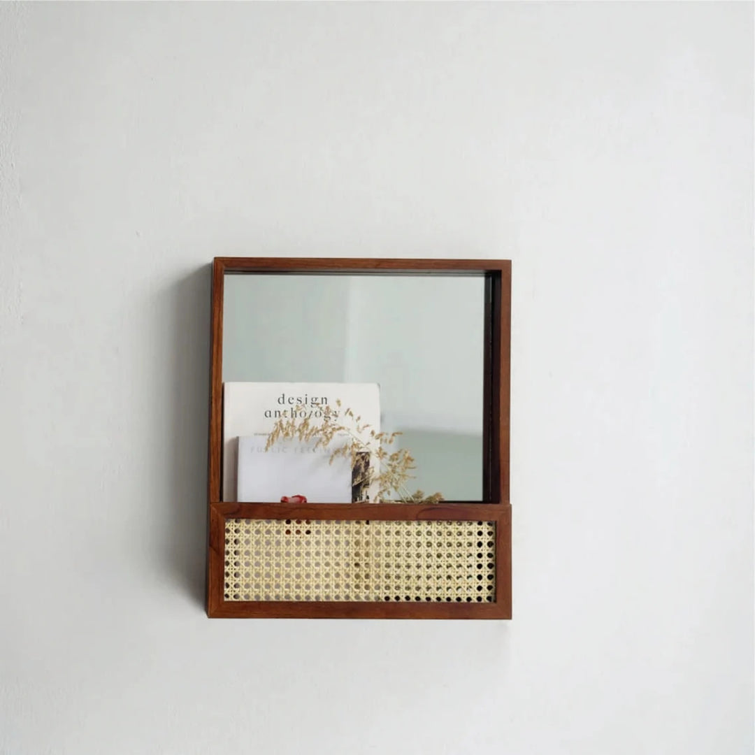 Rustic wall mirror with natural rattan frame