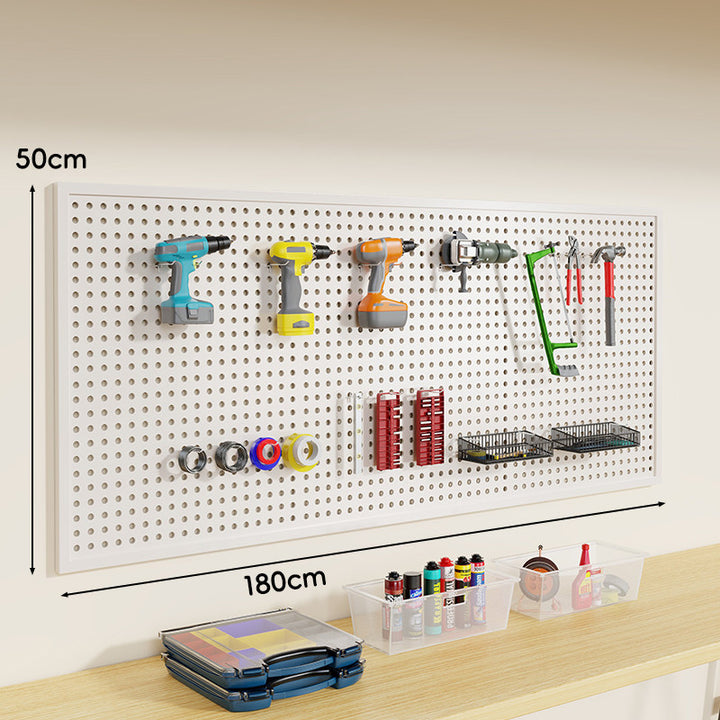 Wall-Mounted Perforated Metal Tool Pegboard Organizer Panel with Modular Hooks and Wire Baskets