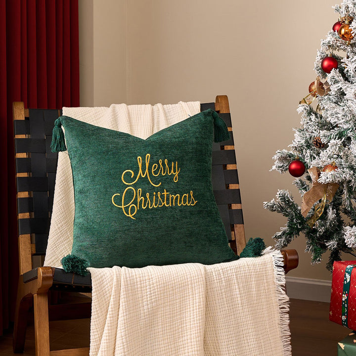 Square Velvet Embroidered Snowflake Pillow Cover with Corner Tassels