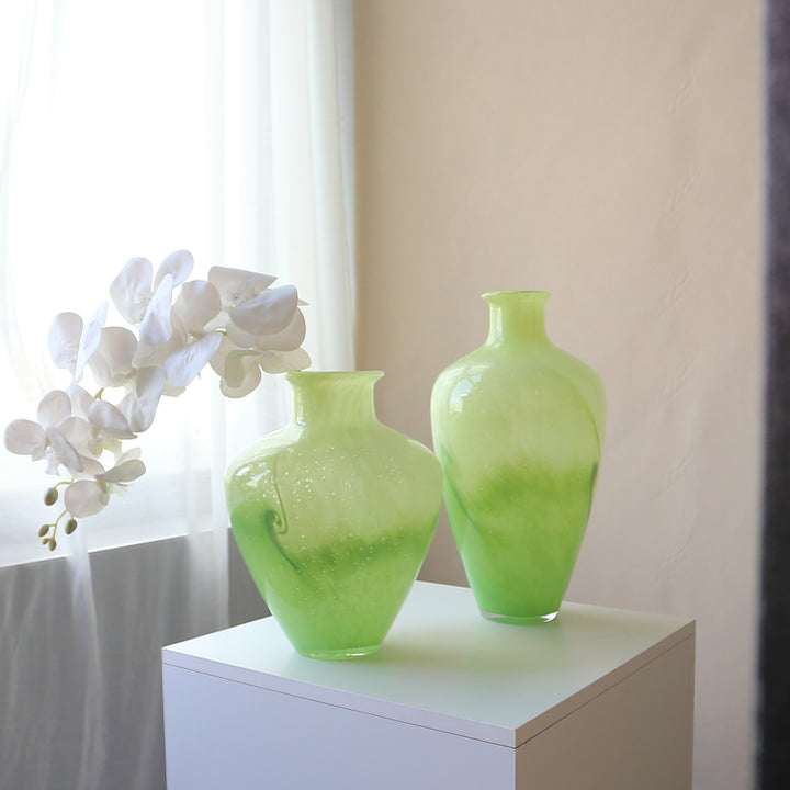 Hand-Blown Bulbous Decorative Glass Vase with Narrow Neck