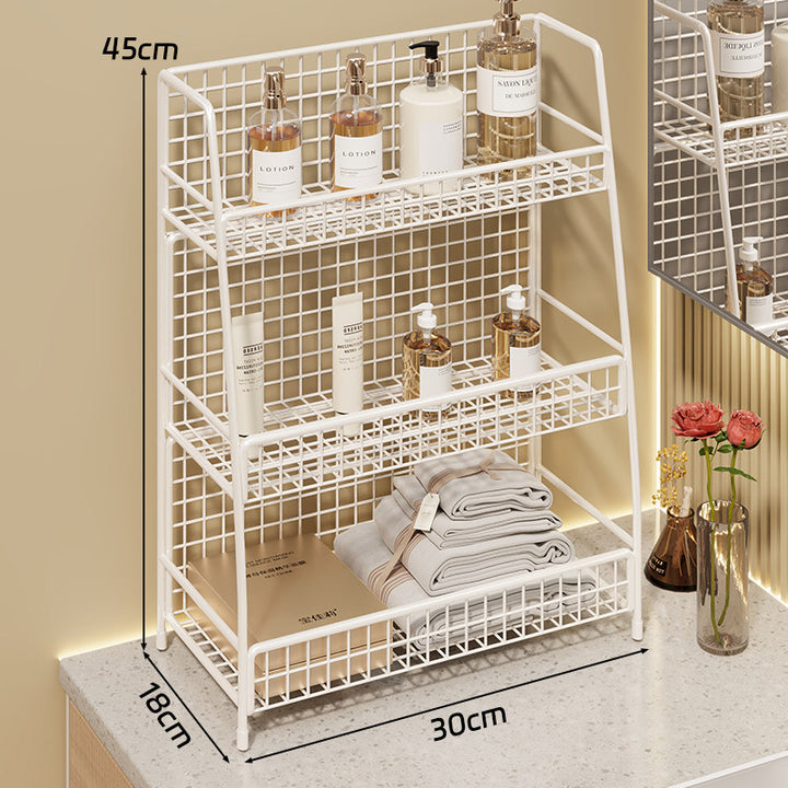 Angled Desktop Mesh Vanity and Countertop Organizer with Three Wire-Tier Baskets and Grid Back