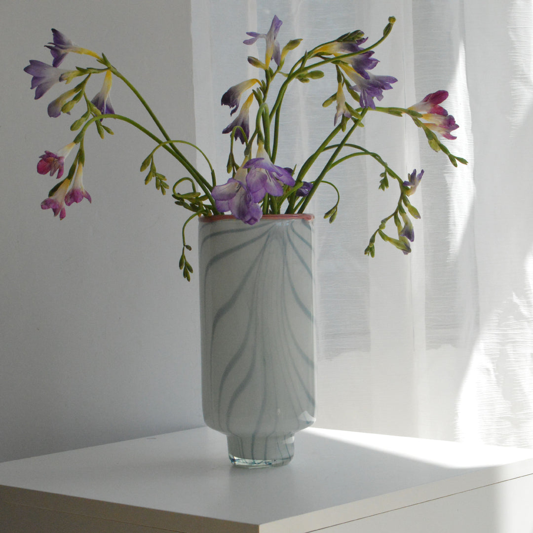 Tall Hand-Blown Pedestal Glass Centerpiece Vase with Swirl Ribbon Pattern