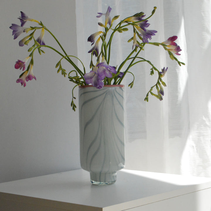 Tall Hand-Blown Pedestal Glass Centerpiece Vase with Swirl Ribbon Pattern