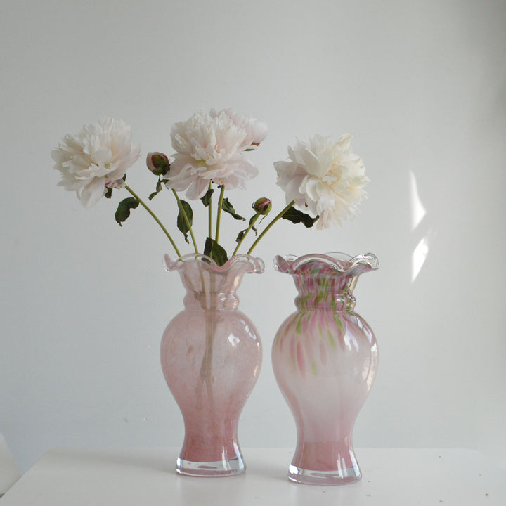 Hand-Blown Fluted-Rim Bulbous Pedestal Art Glass Vase