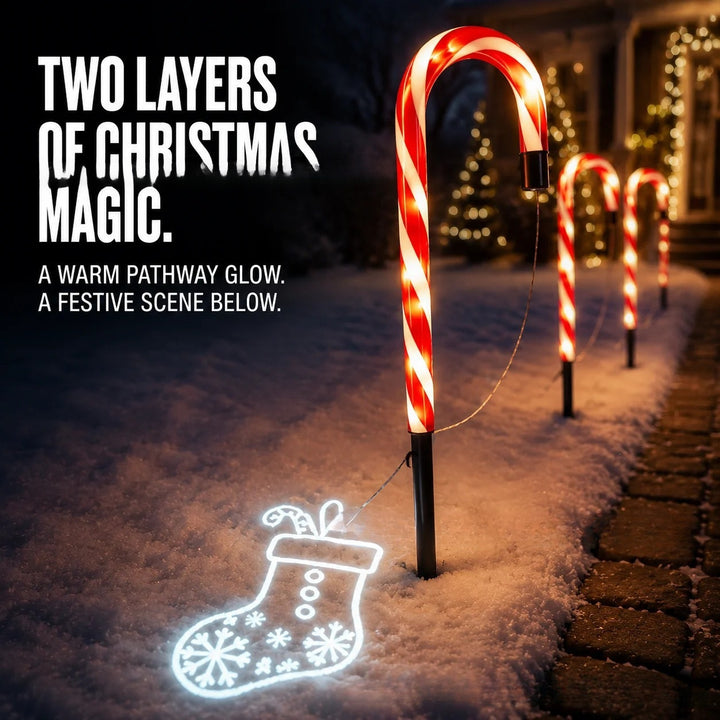Solar-powered projecting candy cane path lights