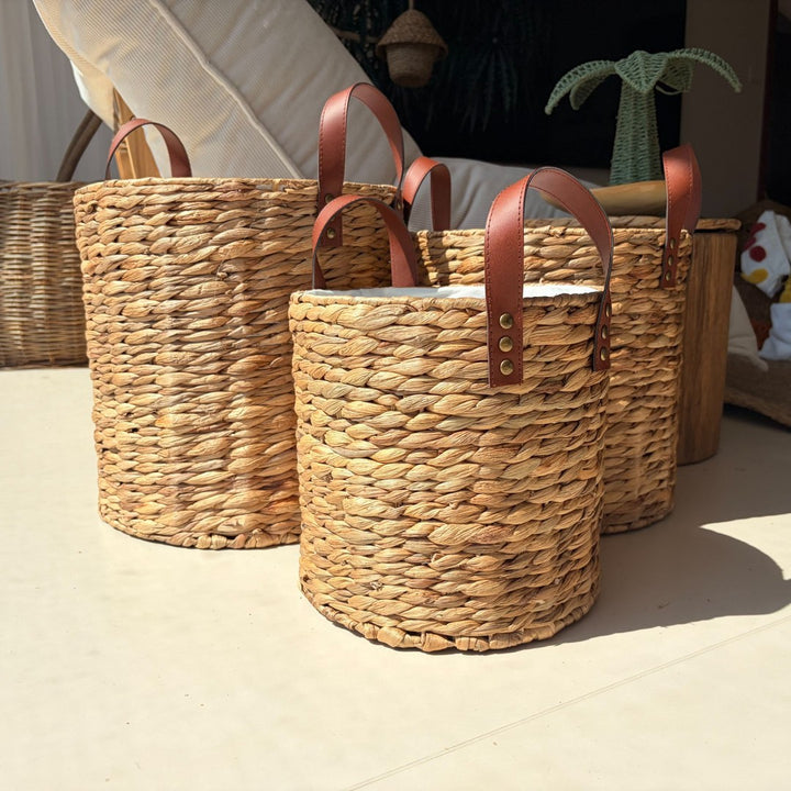 Braided storage basket with leather handles