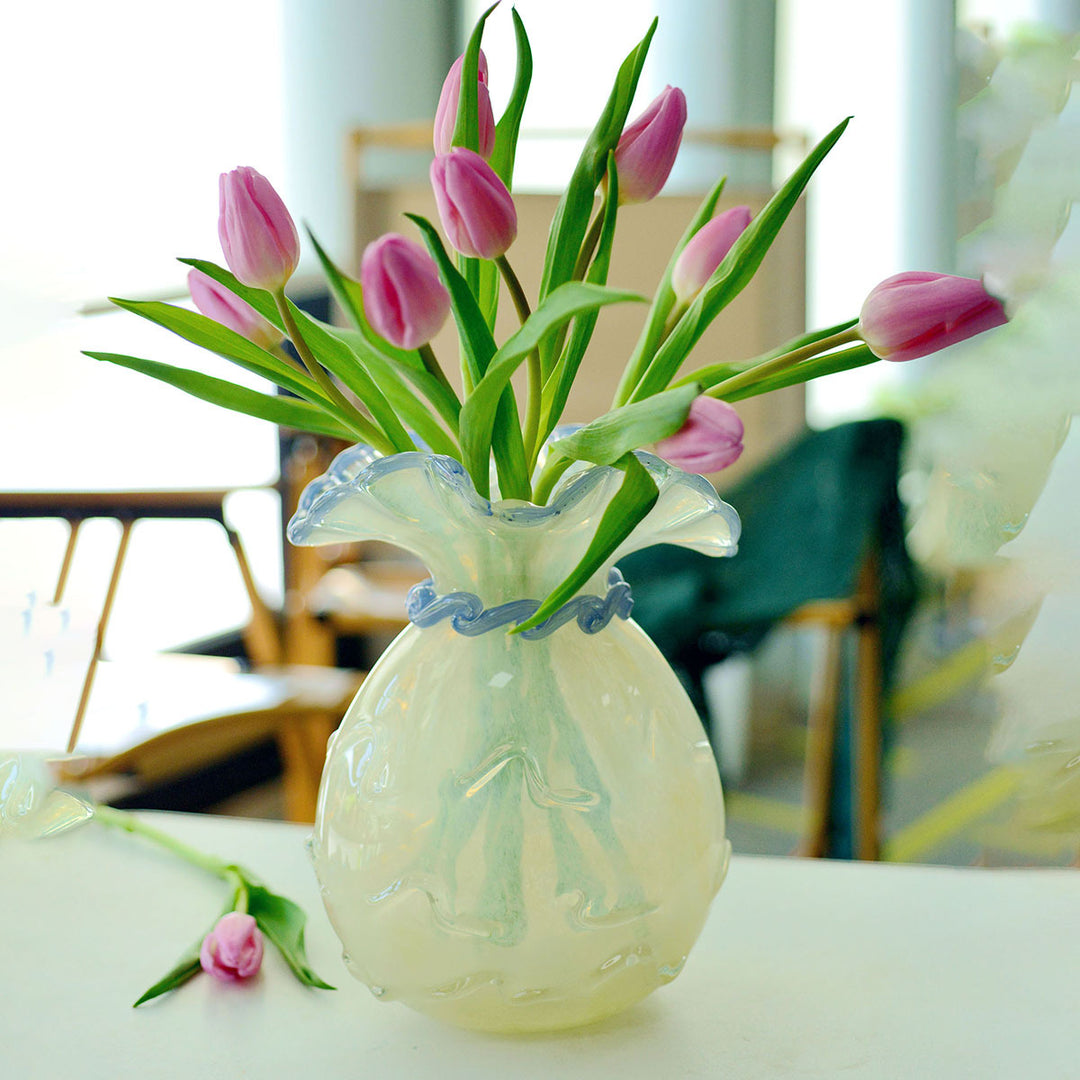 Ruffled-Rim Hand-Blown Decorative Glass Vase with Twisted Neck Accent
