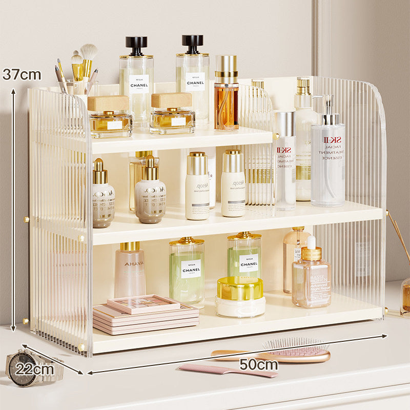 Two-Tier Countertop Beauty and Skincare Organizer with Adjustable Middle Shelf and Vertical Wire Panels