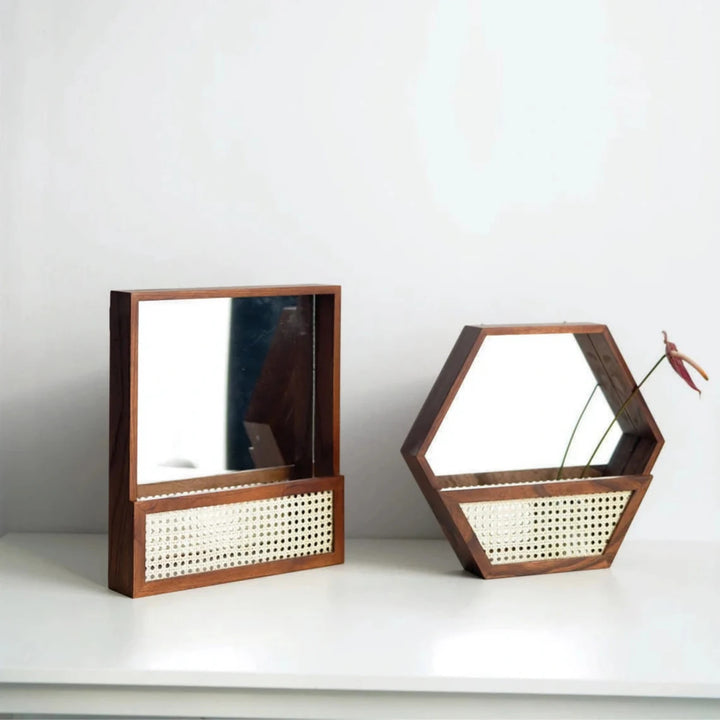 Rustic wall mirror with natural rattan frame