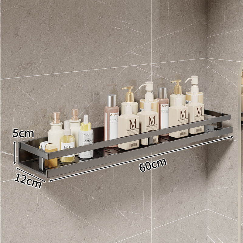 Compact Wall-Mounted Bathroom Shelf with Integrated Towel Rail and Multi-Hook Metal Organizer