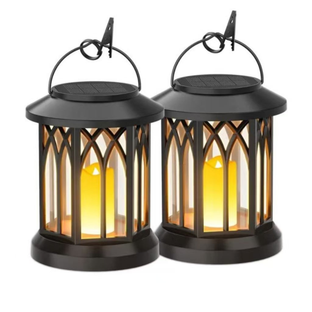 Solar-powered hanging LED lantern set with flickering flameless candle and metal clip hook