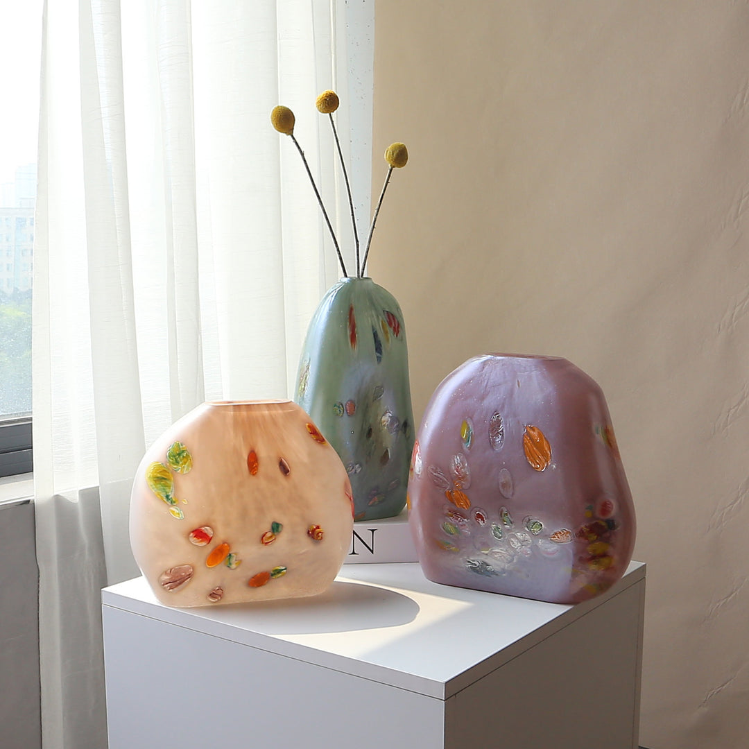 Sculptural Flat-Oval Hand-Blown Art Glass Tabletop Vase