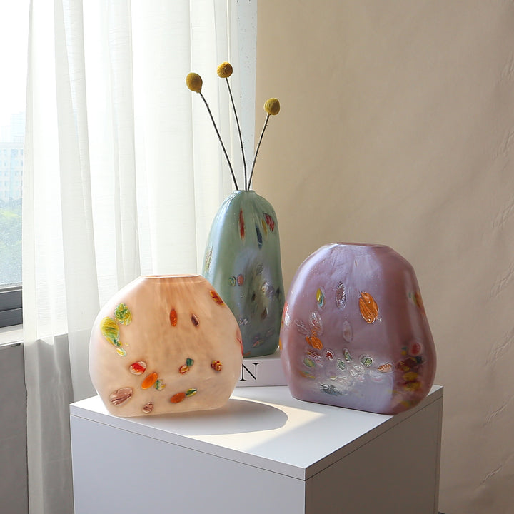 Sculptural Flat-Oval Hand-Blown Art Glass Tabletop Vase