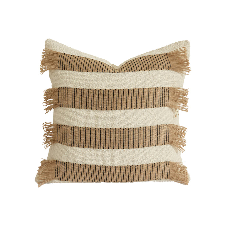 Rectangular boucle decorative pillow with hand-woven jute stripes and long fringes
