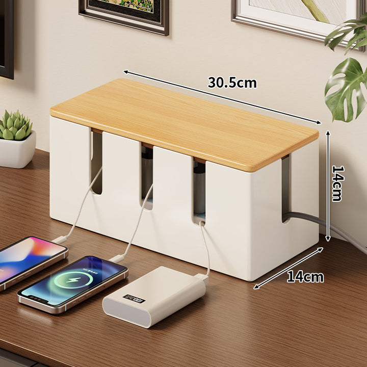 Wooden-Top Cable Management Box with Multi-Slot Cord Organizer and Power Strip Storage