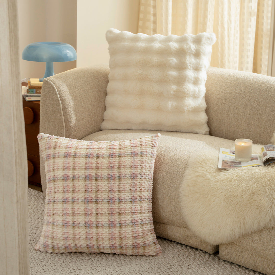 Decorative cushions made of faux fur with a fluffy chenille texture and textured relief