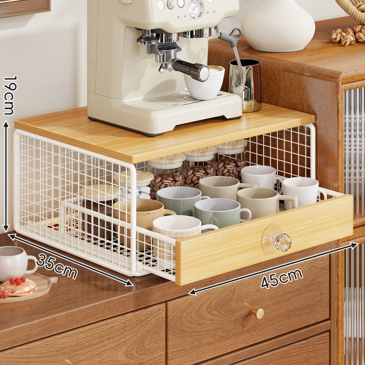 Countertop Wooden-Top Mesh Drawer Coffee Station Organizer