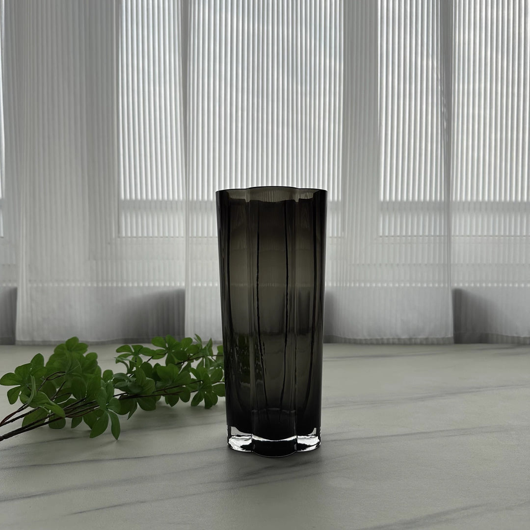 Tall Faceted Amber Cylinder Glass Vase with Scalloped Lip