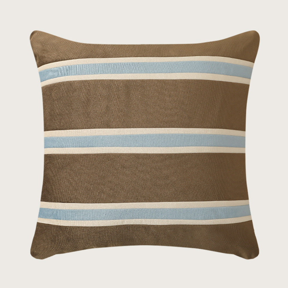 Square velvet decorative pillow with woven stripes and concealed zipper