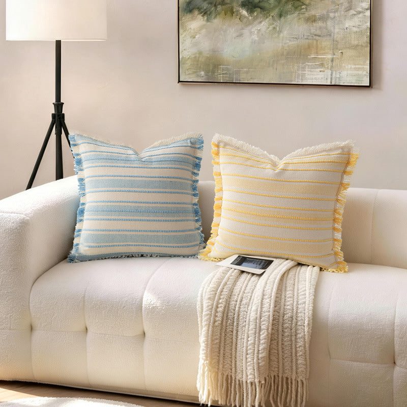 Square striped linen decorative cushion with fringed edge and textured weave