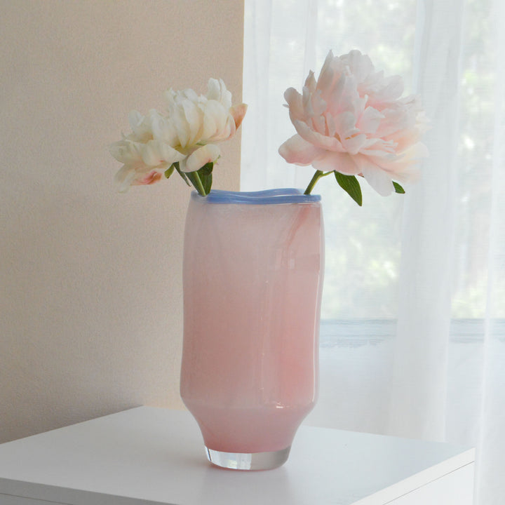 Hand-Blown Tall Decorative Glass Vase with Wavy Rim