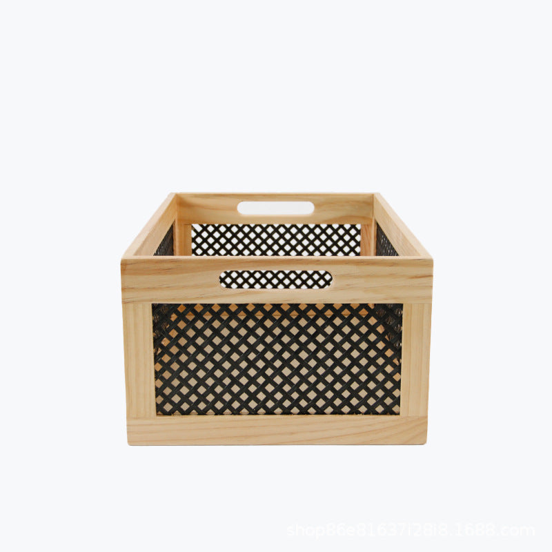 Wood storage box with decorative mesh elements