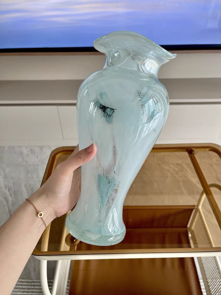 Hand-Blown Swirl Art Glass Decorative Bud Vase with Flared Lip and Textured Inclusions