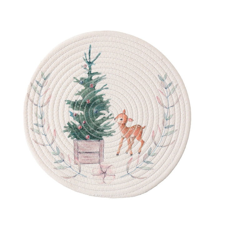 Round placemat made of woven cotton with a cute rhinoceros illustration and floral wreath