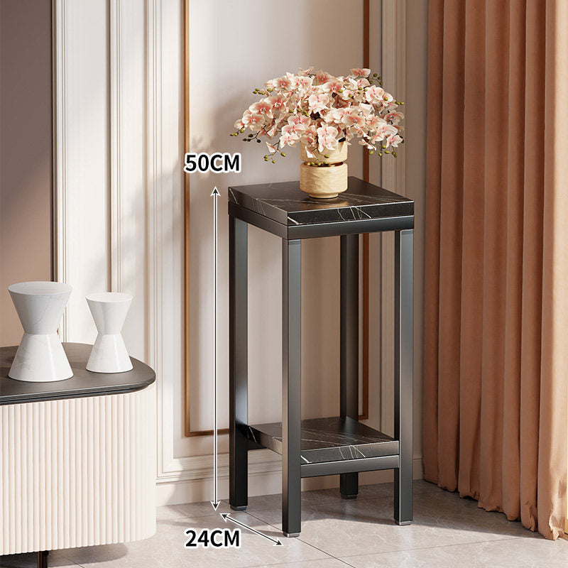 Tall Narrow Marble-Top Plant Stand Side Table with Lower Shelf and Gold Metal Frame