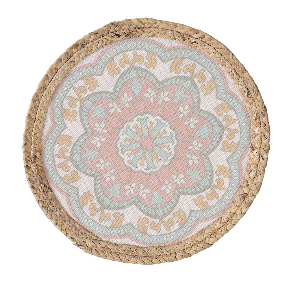 Round woven table mat made of jute with mandala cotton overlay