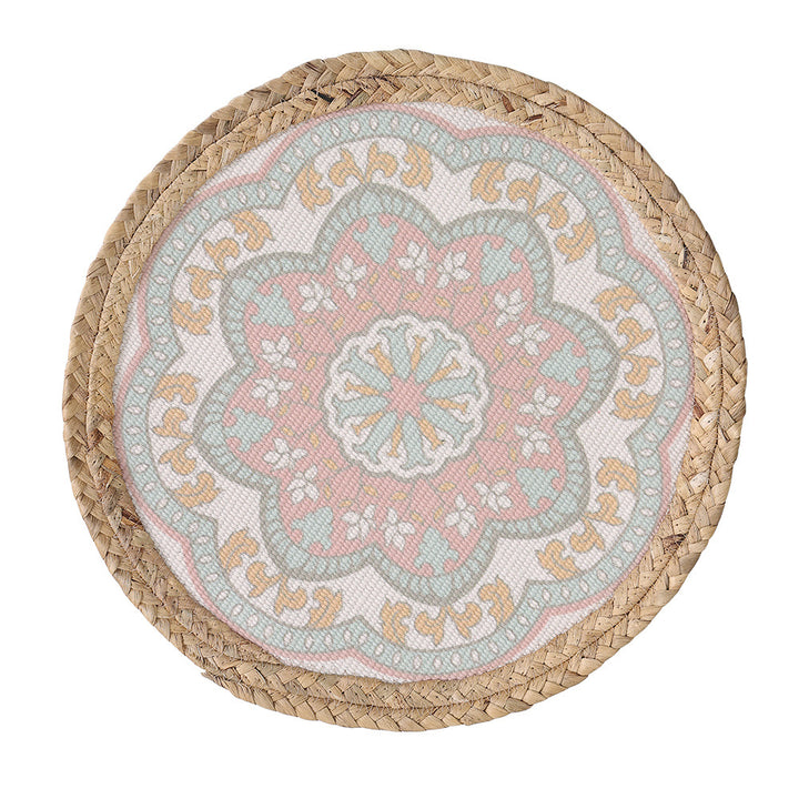 Round woven table mat made of jute with mandala cotton overlay