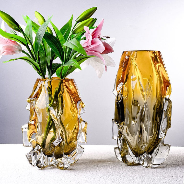 Sculptural Hand-Blown Organic Textured Art Glass Vase with Melted-Edge Pedestal