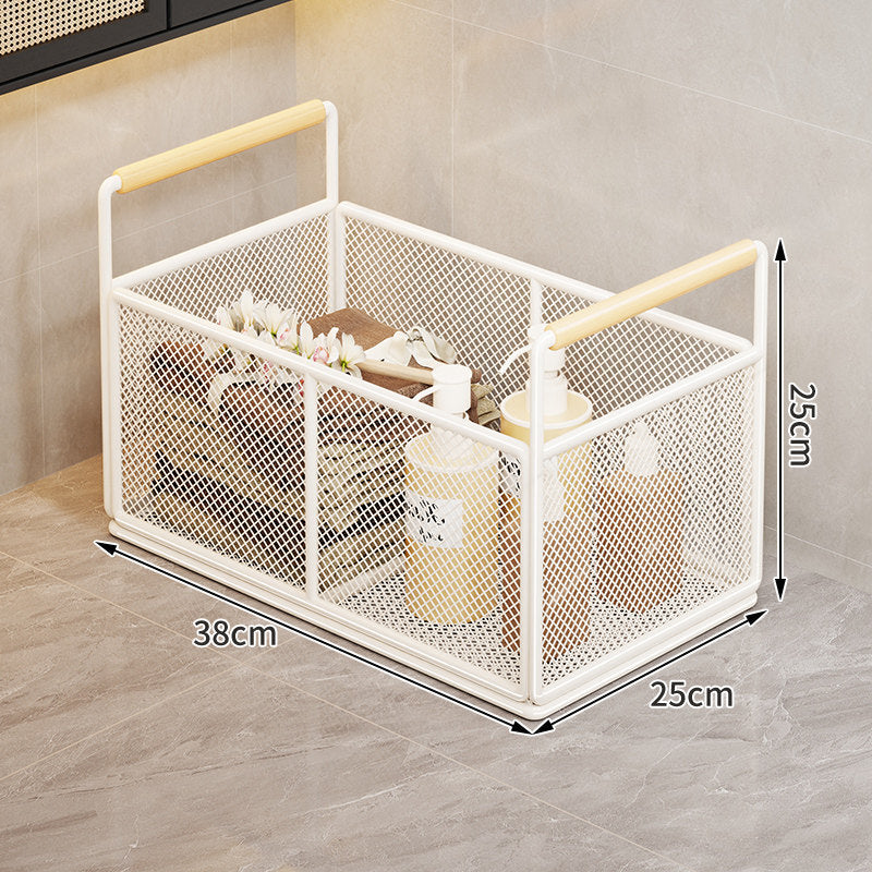 Rectangular Metal Mesh Countertop Storage Basket with Wooden Carry Handles