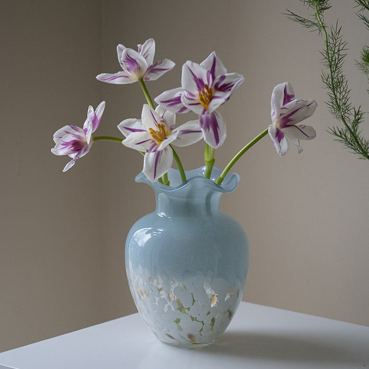 Hand-Blown Ruffled-Rim Art Glass Decorative Vase with Speckled Overlay