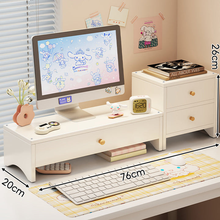 Wooden Monitor Riser with Dual Drawers and Under-Shelf Desktop Organizer