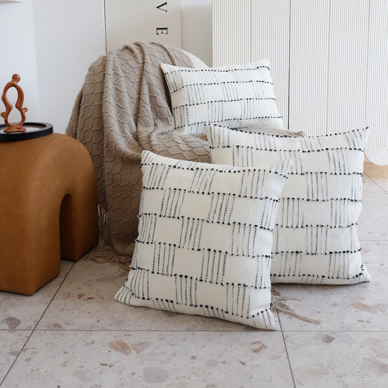 Handwoven cotton cushion cover with striped relief structure and concealed zipper