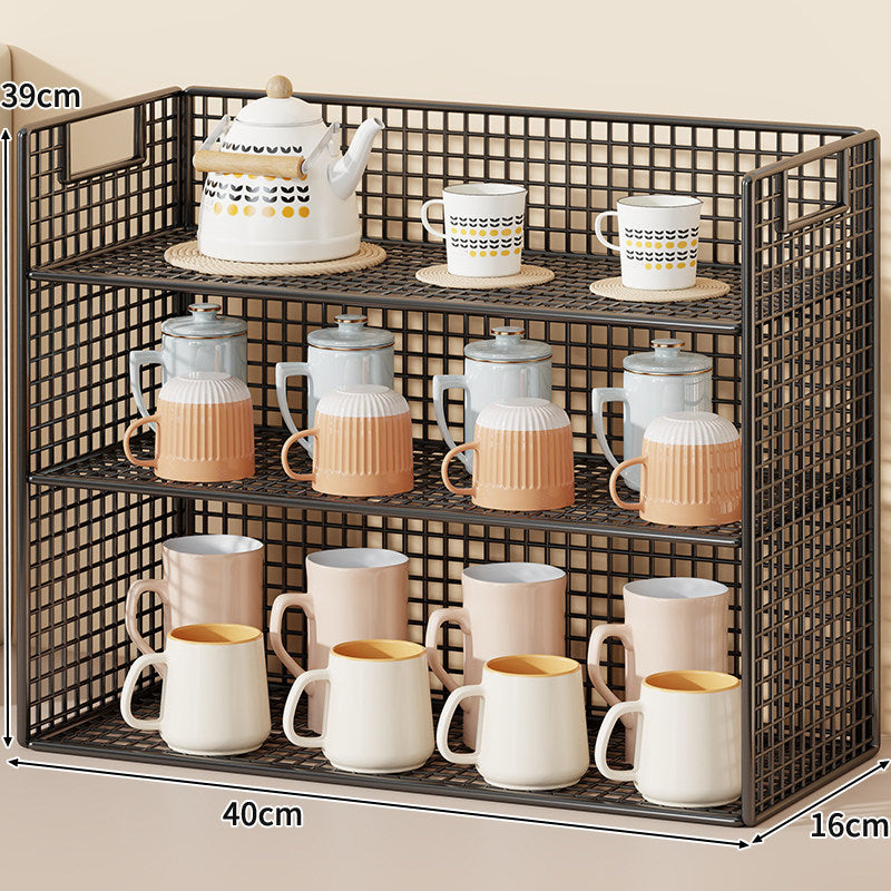 Three-Tier Wire Grid Countertop Display Shelf with Faux-Wood Removable Trays